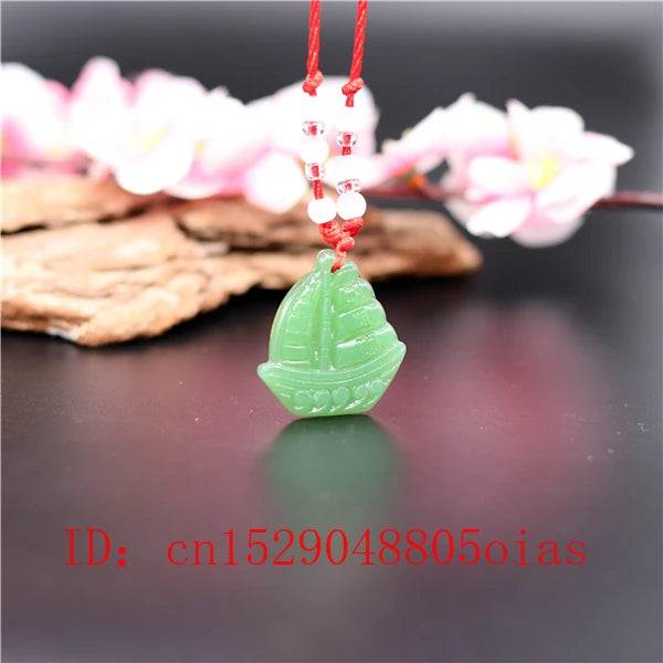 Natural Green Chinese Jade Sailboat Pendant Necklace