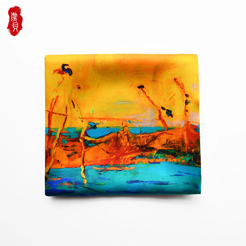 Silk Boat Oil Painting Women Scarves 90cm square