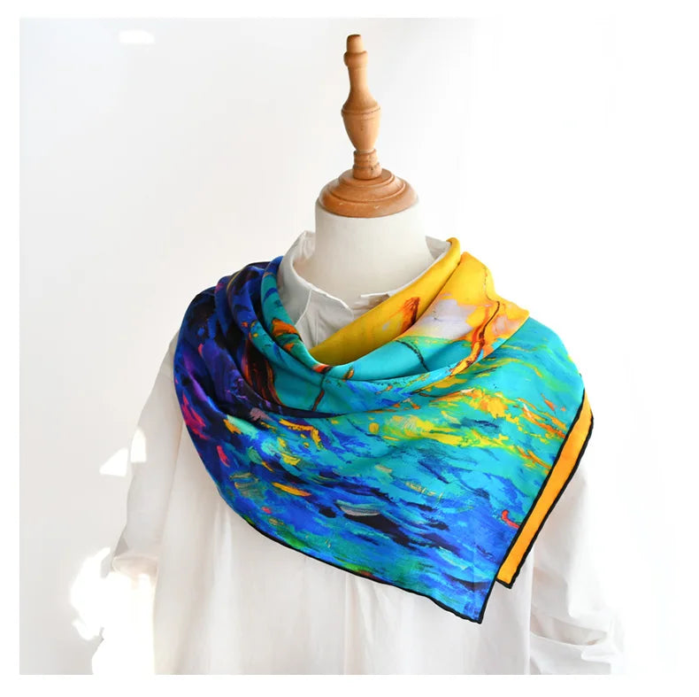 Silk Boat Oil Painting Women Scarves 90cm square