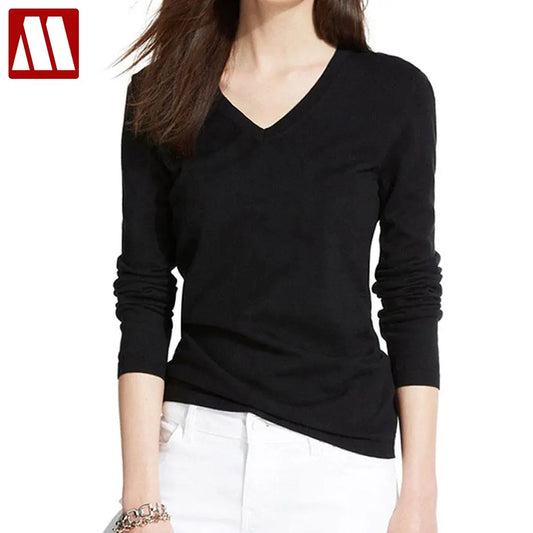 Women Long Sleeve Cotton V Neck Tshirt