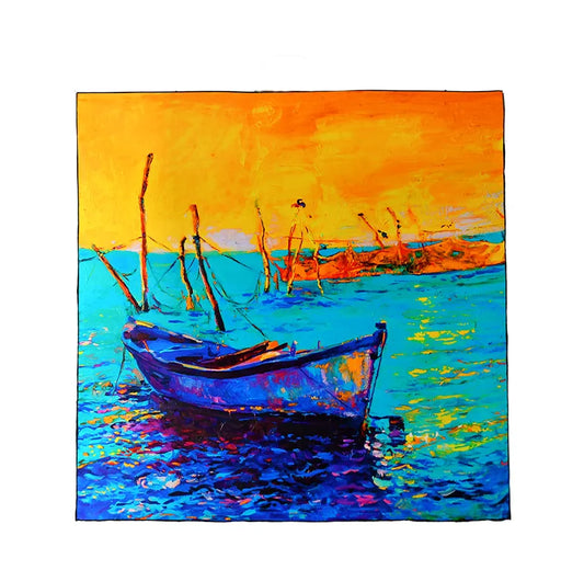 Silk Boat Oil Painting Women Scarves 90cm square