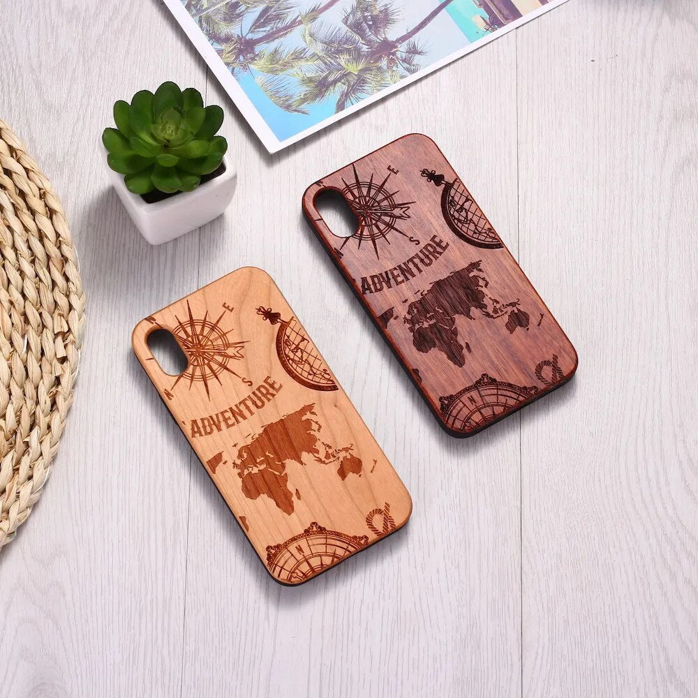 Laser Engraved World Map Phone Case For iPhone Cherry Wood