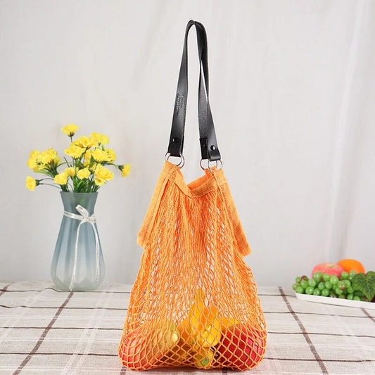 Cotton Mesh Handbag with Leather Straps