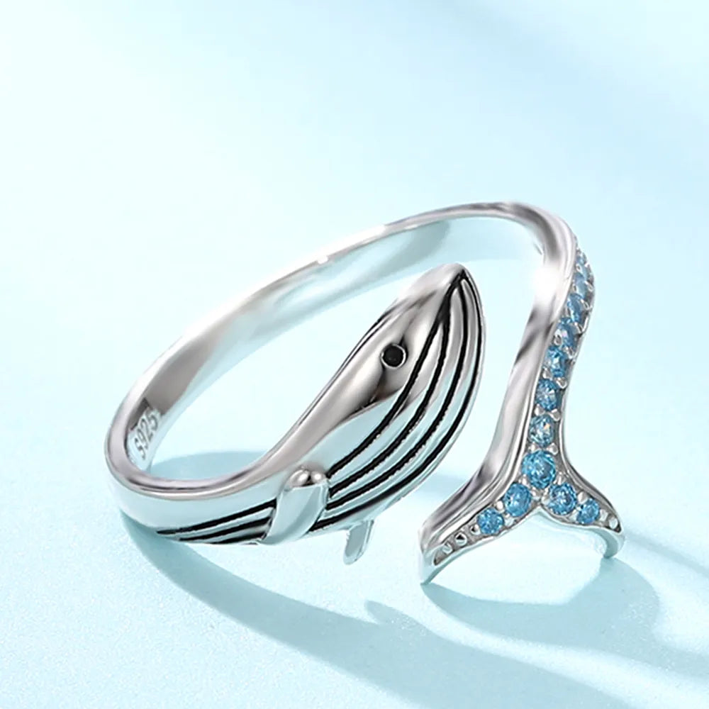 Sterling Silver Whale Adjustable Finger Ring