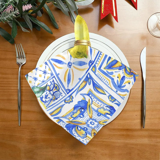 Amalfi Yellow and Blue Print Reusable Table Napkins