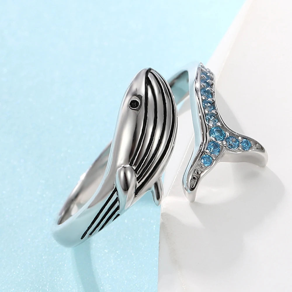 Sterling Silver Whale Adjustable Finger Ring