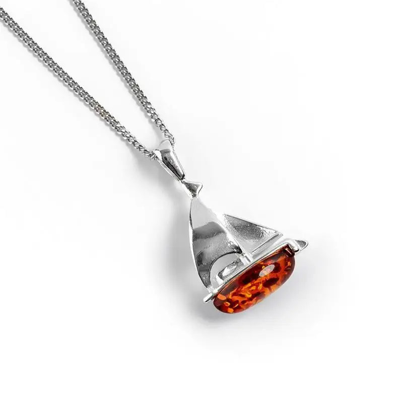 Sailboat Yacht Pendant Necklace with Amber