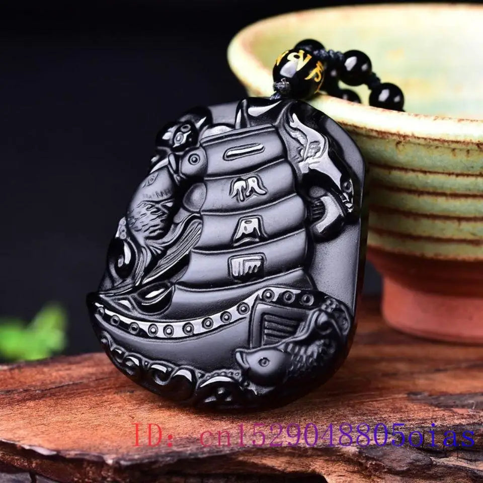 Obsidian Sailboat Pendant Necklace