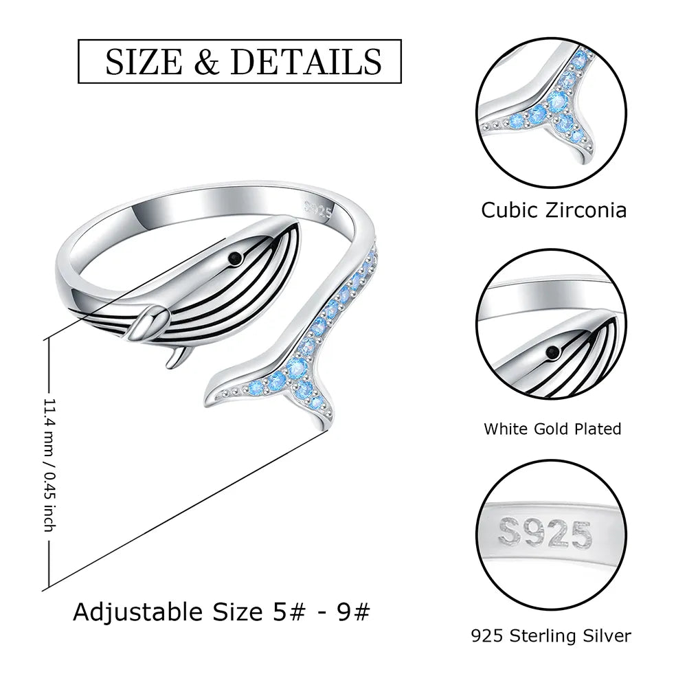 Sterling Silver Whale Adjustable Finger Ring