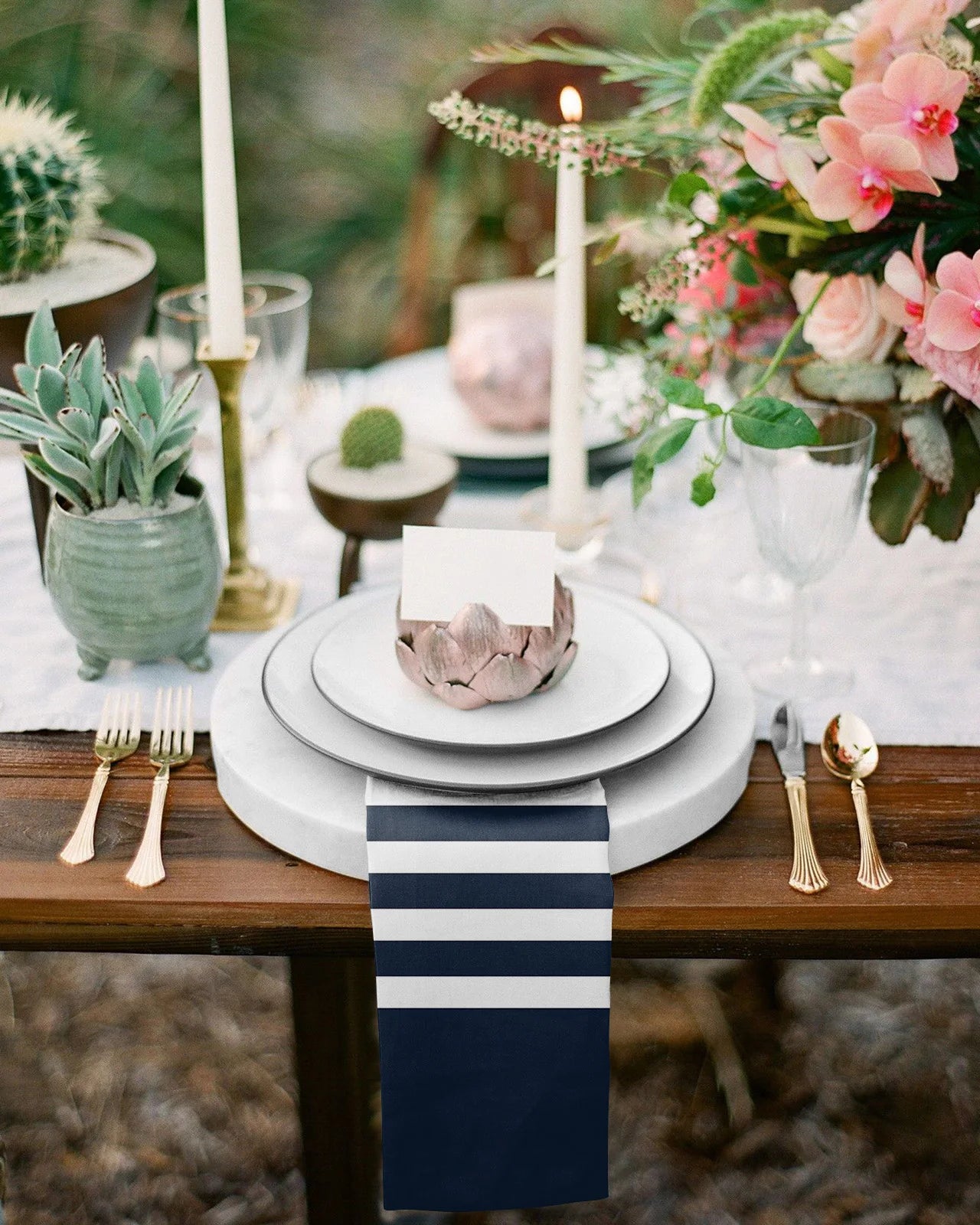 Navy Striped Reusable Table Napkins