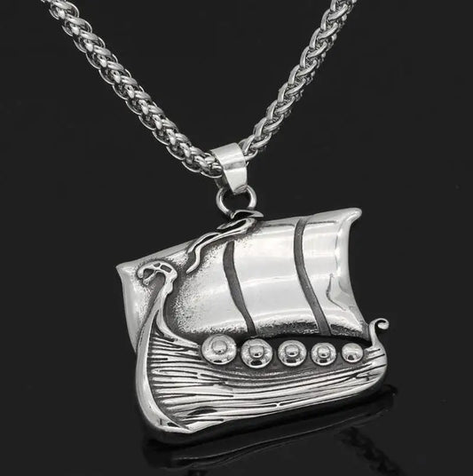 Silver Color Finish Viking Sailboat Pendant Necklace