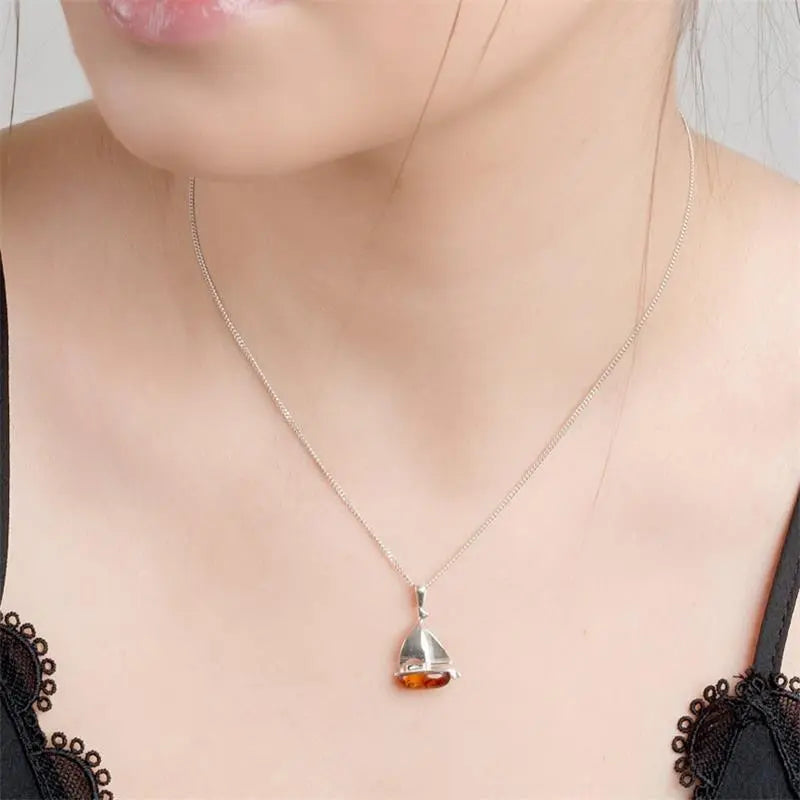 Sailboat Yacht Pendant Necklace with Amber